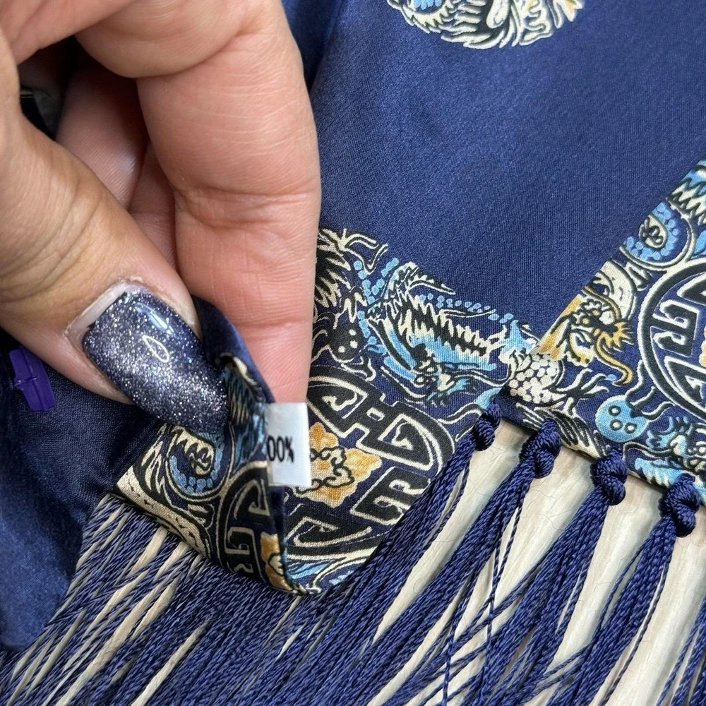 Vintage Blue Dragon‎ Silk Scarf Medallion Print Tassel Fringe Rectangular 49x11